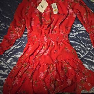 CeCe Red Floral Ruffled Tiered Dress